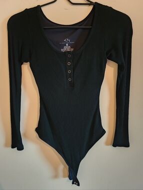 Klassy Network Black Henley Bramisuit - Long Sleeve Ribbed Bodysuit - Small